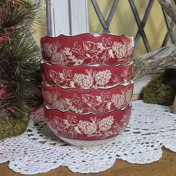 🎄 Set of 4 Red Porcelain Wavy Edged Bowls - White Pinecones & Grey Landscape - Picture 6 of 9